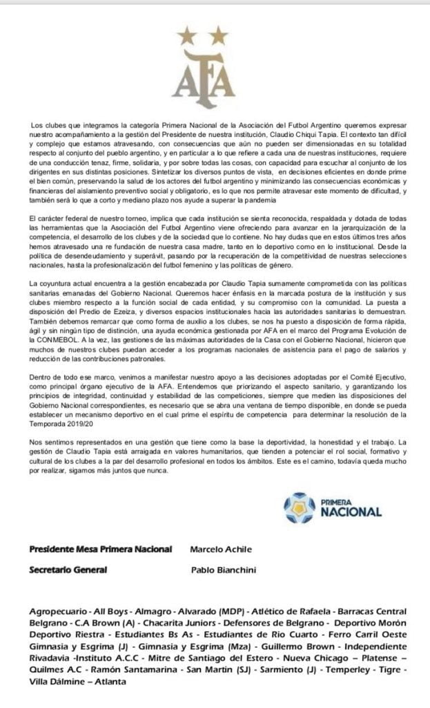 Comunicado Clubes Primera Nacional Ascensos Afa