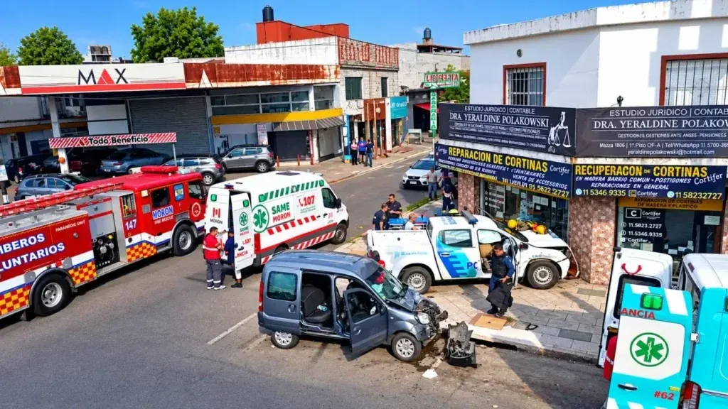 Choque en Morón terminó con un patrullero incrustado contra un comercio y tres mujeres heridas