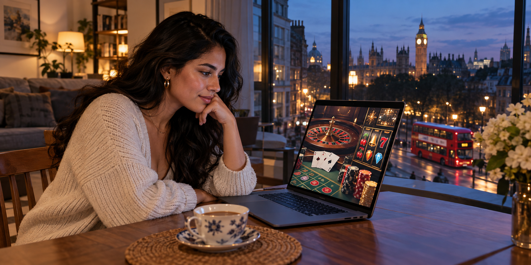 Mujer usando un portátil con juegos de casino en línea, con Londres al fondo